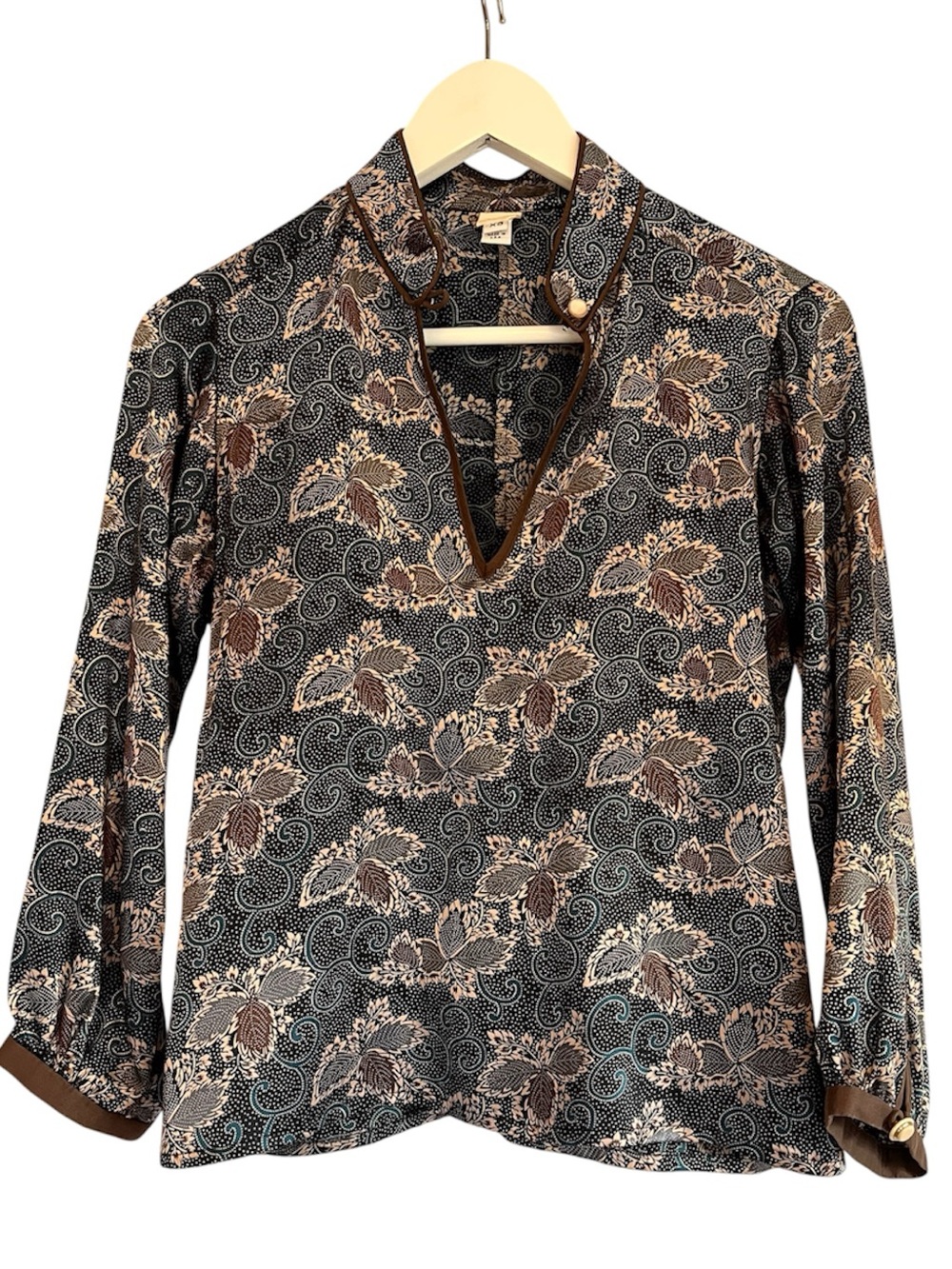 🖤Lauren Moffatt Vintage Silk Split V-Neck Paisley Blouse • Black & Brown • XS